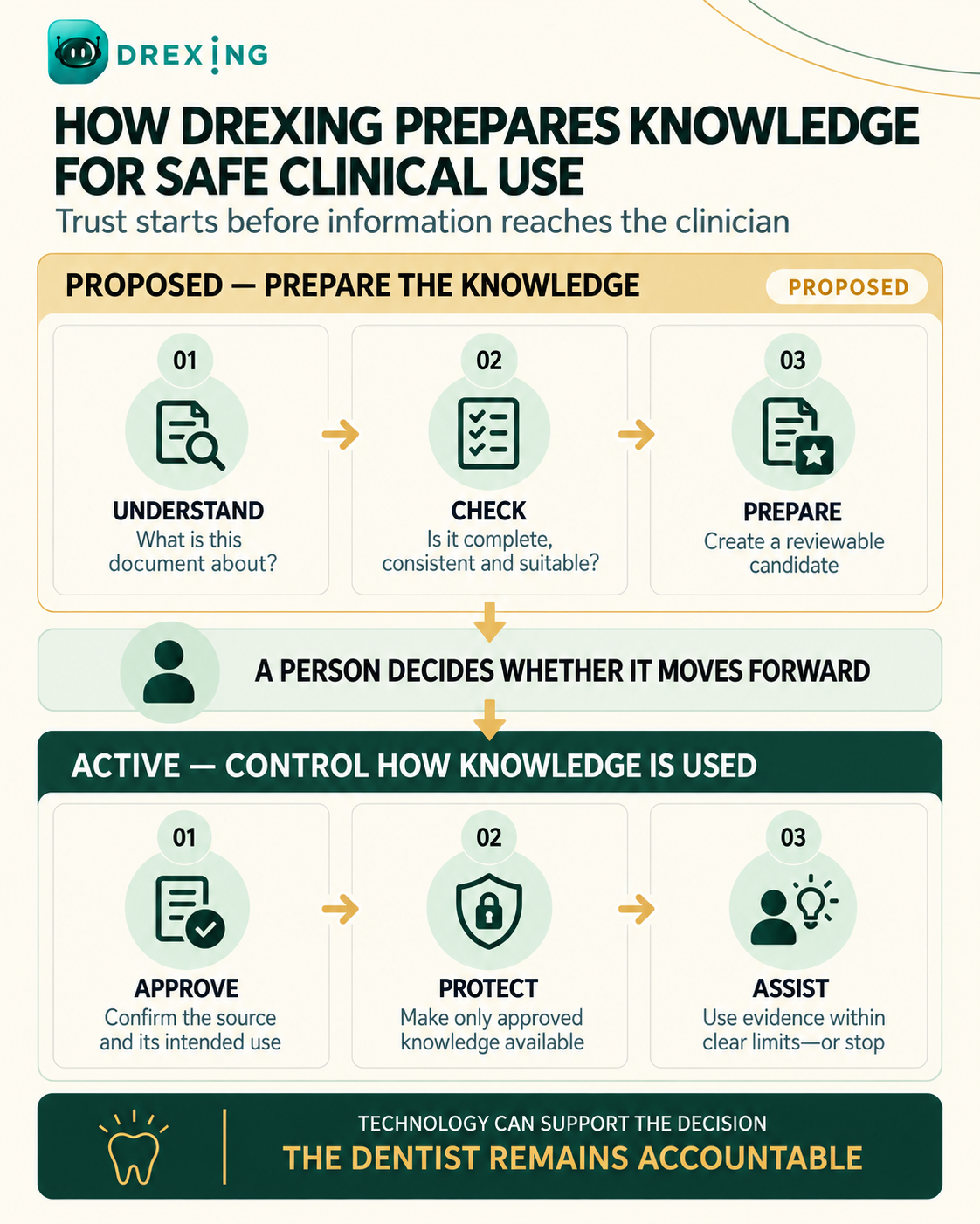 How Drexing prepares knowledge for safe clinical use: understand, check and prepare it; require a person to decide whether it moves forward; then approve, protect and use it within clear limits.